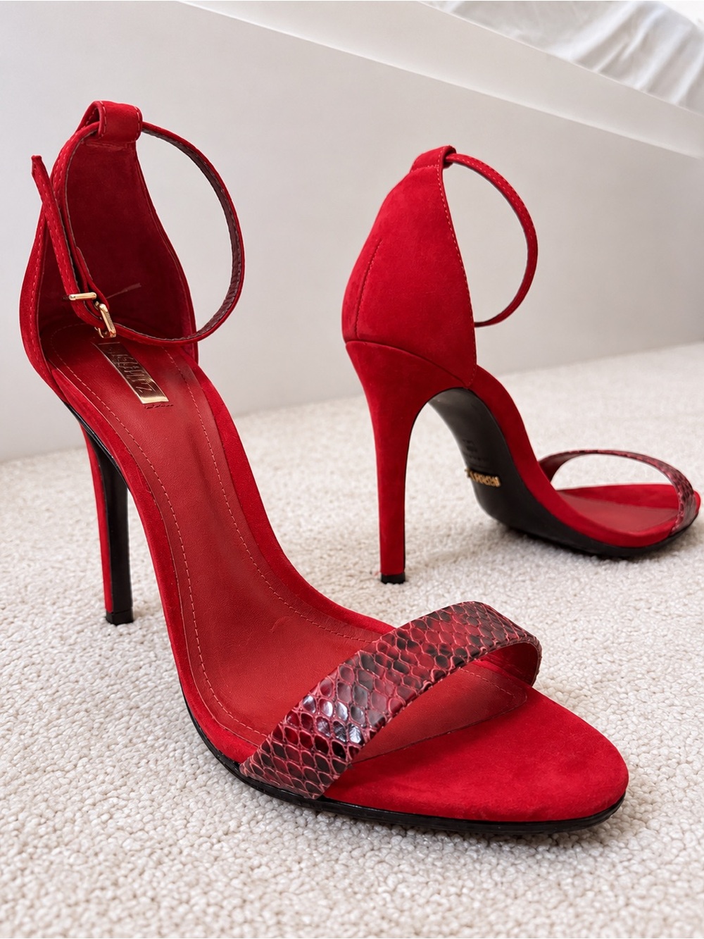 SCHUTZ Red Snake Embossed Ankle Strap High Heel Sandals Size 8 NWT